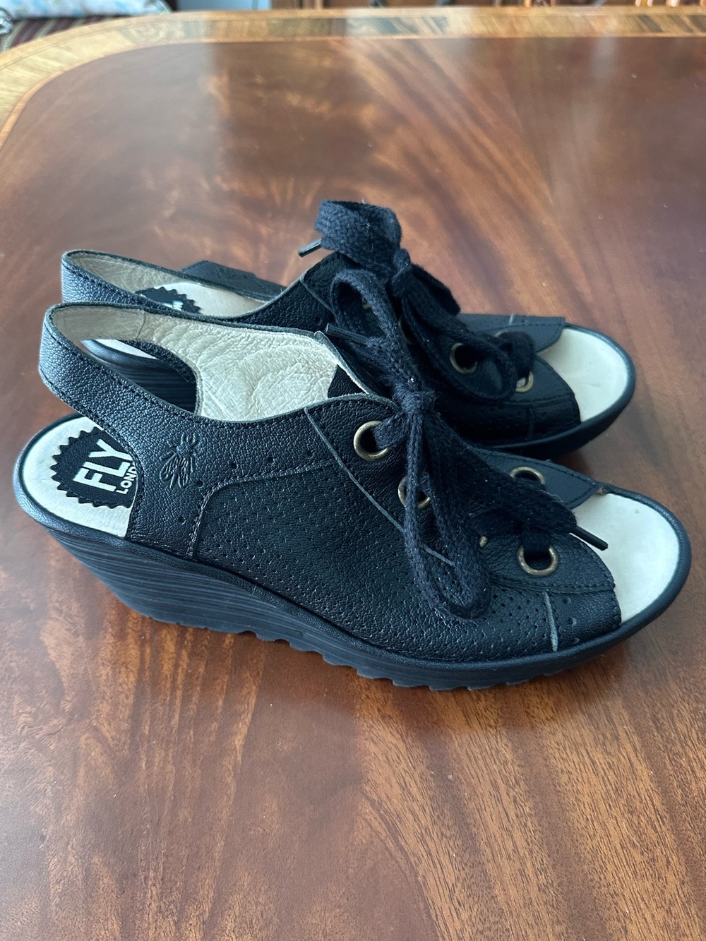 FLY London Leather Lace-Up Wedge Sandals Ylfa Black size 39